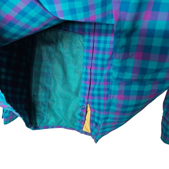 Duluth Trading Womens Large Blue Purple Plaid Button-Up Shirt Fishing Zip Pocket - Picture 9 of 13